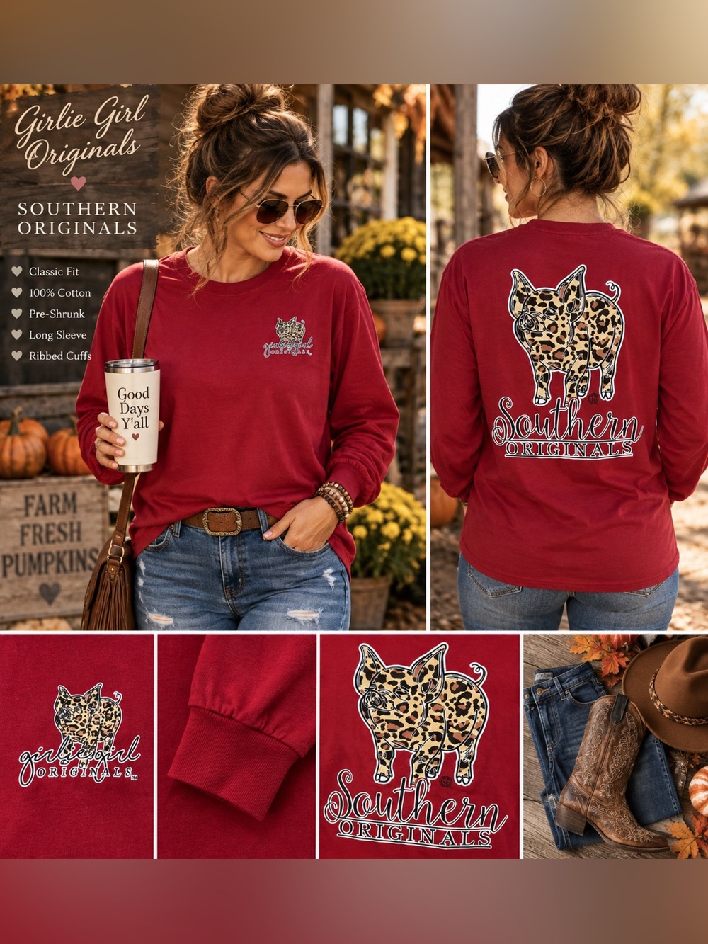 GIRLIE GIRL Southern Originals Leopard Print Pig Long Sleeve TShirt EUC